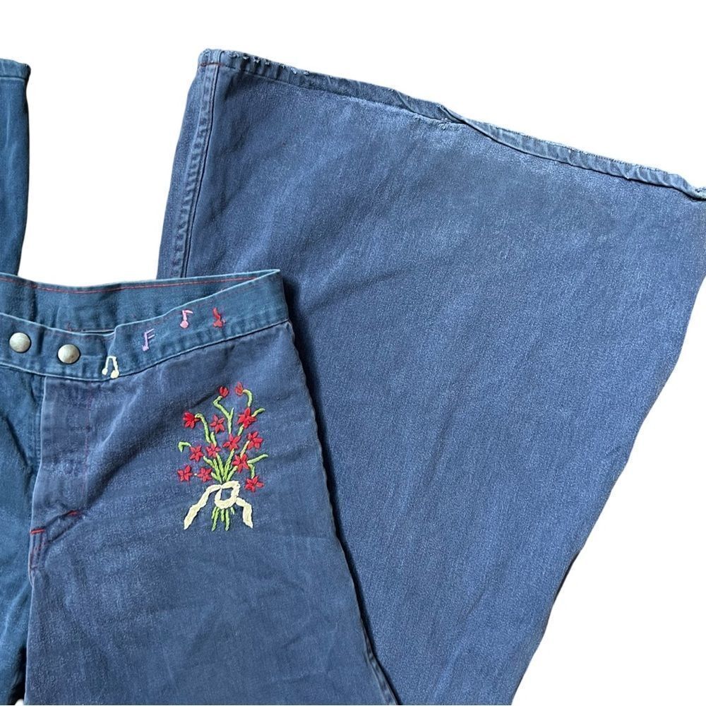 Vintage 1970s One of a Kind Hand Embroidered Extreme Flare Bell Bottom Pants - Picture 2 of 10